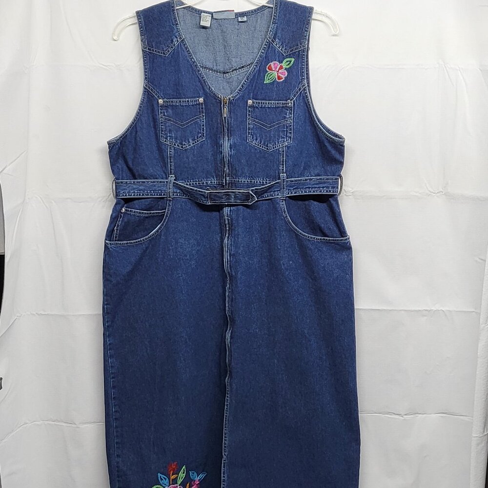 Vintage JL NY Womens Denim Midi Dress XL Sleeveless Zip Up Floral Embroidered
